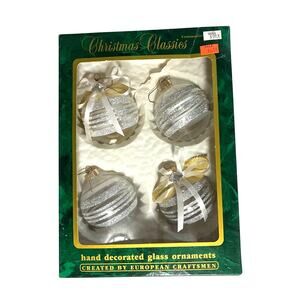 4 Vtg Commodore Ornaments Christmas Classics Silver Glitter Hand-Decorated